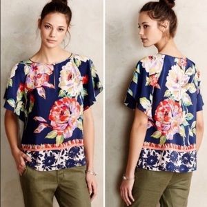 Anthro Maeve Silk Gardenia Floral Print Flutter Sleeve Blouse Size 4